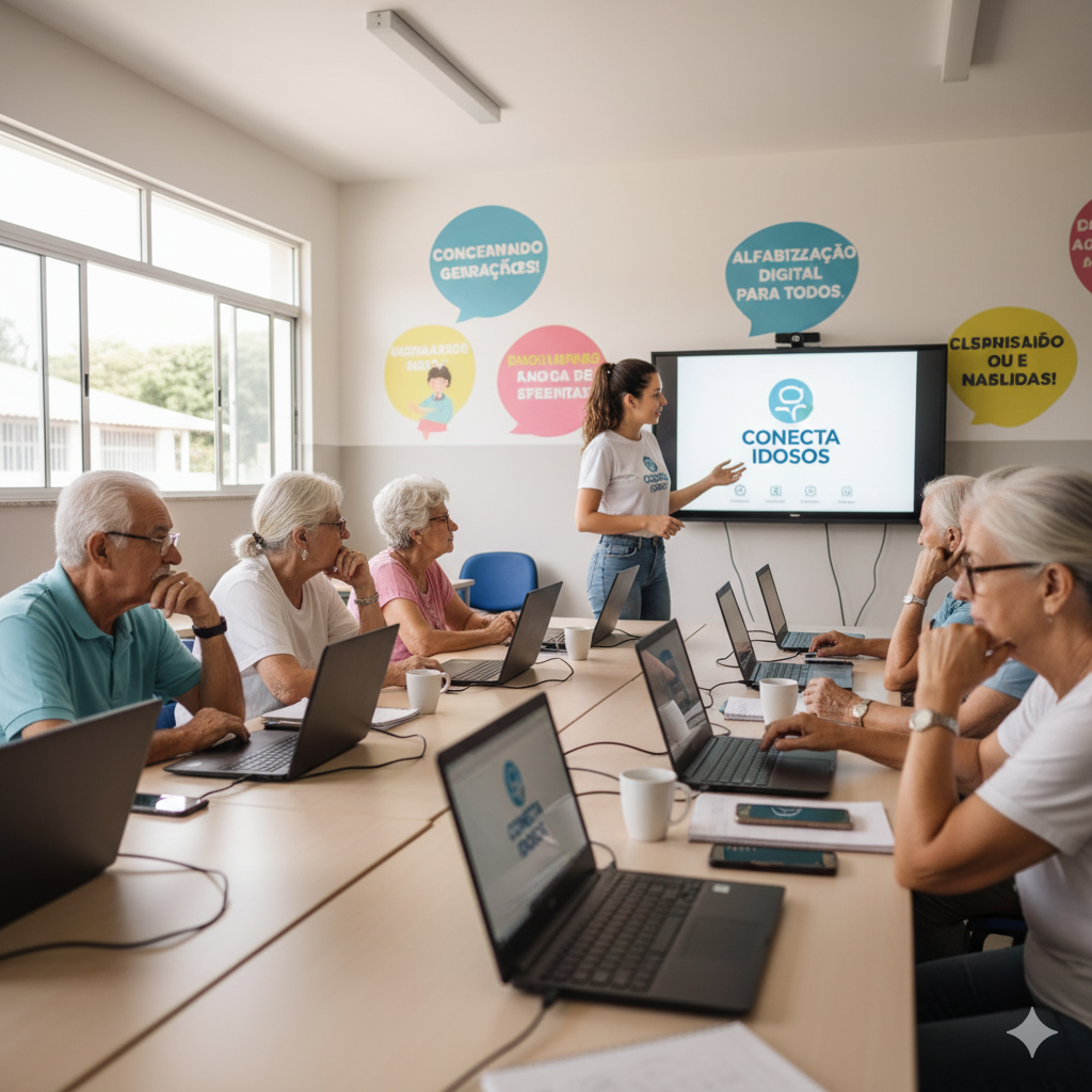 Grupo de idosos em aula de informática